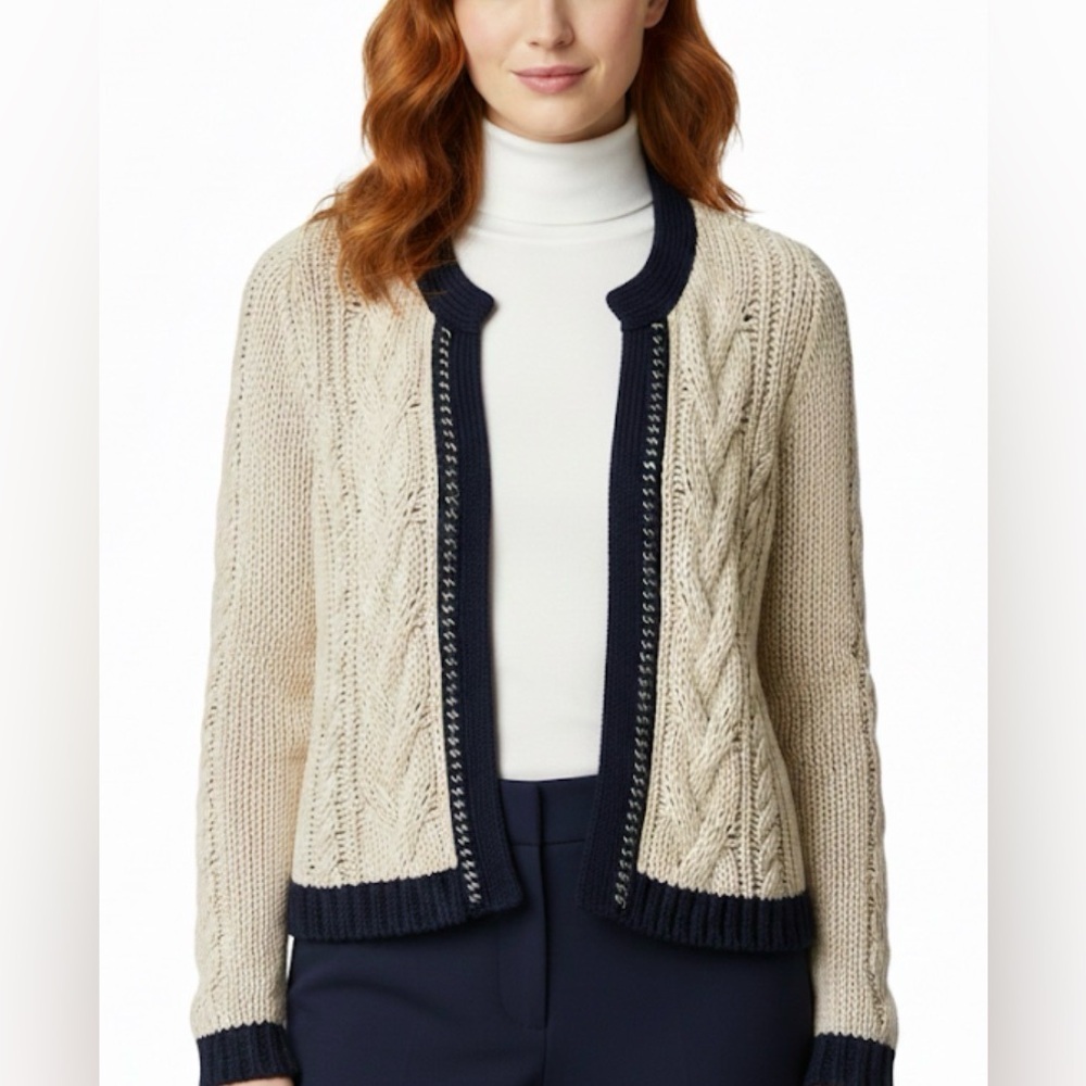 Chicos Cable Chunky Knit Beige Navy Silver Chain Trim Cardigan Sweater Size 2 L